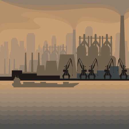 Sea landscape with the image of a harbour dock, ship and seaside industrial city.のイラスト素材