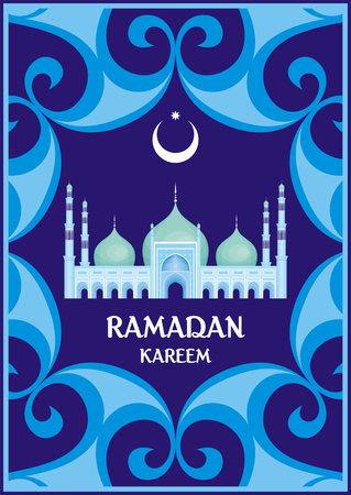 Ramadan greeting card with the image of the big beautiful mosque and east ornament in Moorish style. Vector templateのイラスト素材
