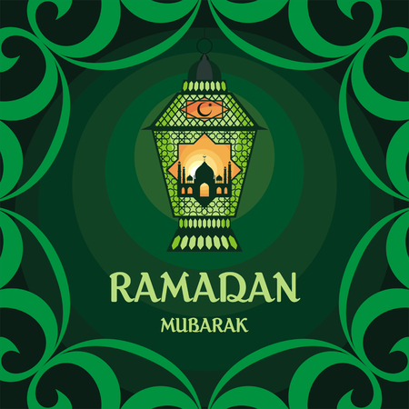 Ramadan greeting card with the image of the beautiful lantern, mosque and east ornament in Moorish style. Vector templateのイラスト素材