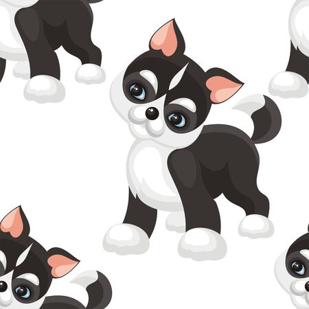 Children's seamless pattern in cartoon style with lovely puppies huskies. Vector background.のイラスト素材