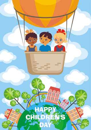 Happy children's day greeting card with the image of the hot air balloon, the planet Earth and children of different races. Vector illustration in cartoon styleのイラスト素材