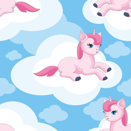 Fairy children seamless pattern with the image of cute unicorns. Colorful vector backgroundのイラスト素材