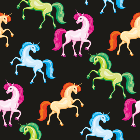 Seamless pattern with the image of a beautiful fantastic unicorn. Colorful vector background.のイラスト素材