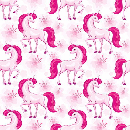 Seamless pattern with the image of a beautiful fantastic unicorn. Colorful vector background.のイラスト素材
