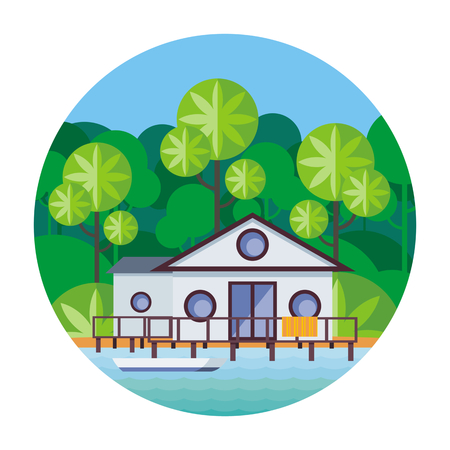 Beach house on stilts, surrounded by tropical plants. Round vector illustrationのイラスト素材