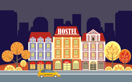 Hostel in the historical center of large European cities. Vector illustration.のイラスト素材