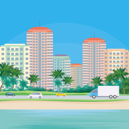 The image of a coastal city. The road along the sea. Beautiful summer landscape. Vector background.のイラスト素材
