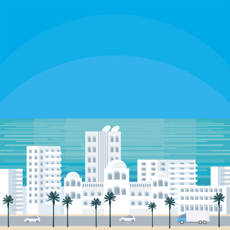 Abstract image of the southern seaside city. A city landscape with buildings, palm trees and a view of the sea. Vector background.のイラスト素材