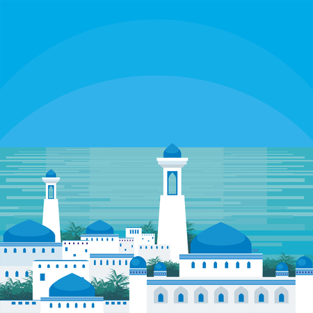 Abstract image of the southern seaside city. A city landscape with buildings, palm trees and a view of the sea. Vector background.のイラスト素材