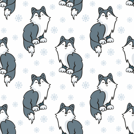 Children's seamless pattern in cartoon style with cute husky dogs. Vector background.のイラスト素材