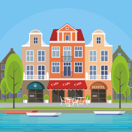 Image of the street of the European city. Old houses on the bank of the channel. Vector illustration.のイラスト素材