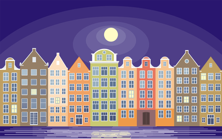 Image of the street of the European city. Old houses on the bank of the channel. Vector illustration.のイラスト素材