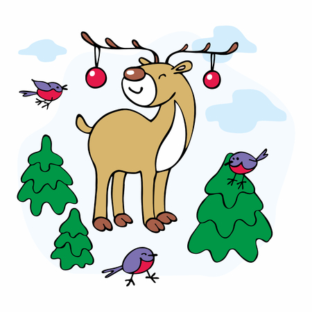 Cheerful Christmas illustration with the image of a ridiculous deer, bullfinches and fir trees.のイラスト素材