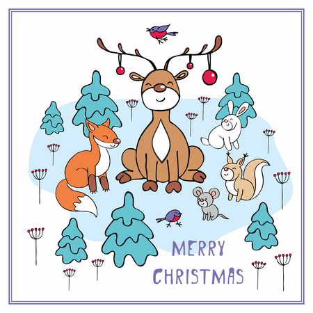 Cheerful Christmas greeting card with the image of a ridiculous deer and woodland animals.のイラスト素材