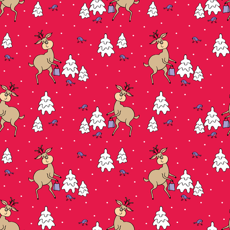 Christmas colorful seamless pattern with the image of a cute deer and fir trees. Vector background.のイラスト素材