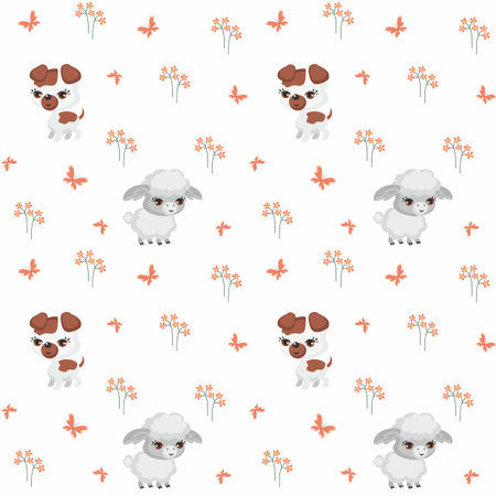 Vector colorful seamless pattern with the image of farm animals in cartoon style.のイラスト素材