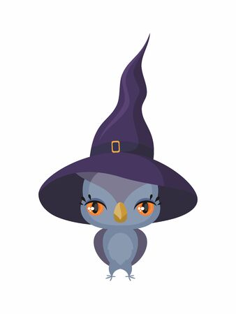 Little cute owl in a witch hat in a cartoon style. Children's illustration on white background.のイラスト素材