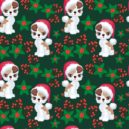 Christmas seamless pattern with the image of little cute puppies in the hat of Santa Claus. Children's vector background.のイラスト素材