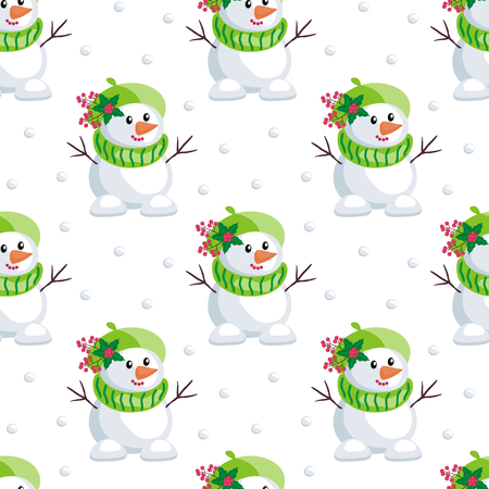 Christmas seamless pattern with the image of a snowman in a cartoon style. Vector colorful backgroundのイラスト素材