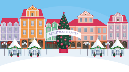 Christmas fair in the old town. Vector background.のイラスト素材