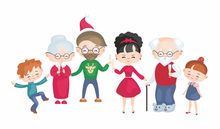 The happy family celebrates Christmas. Vector illustration in cartoon style.のイラスト素材