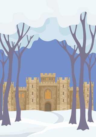 Abstract image of a medieval English castle. Beautiful winter landscape. Vector background.のイラスト素材