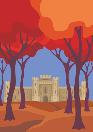 Abstract image of a medieval English castle. Beautiful autumn landscape. Vector background.のイラスト素材