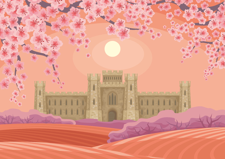 Abstract image of a medieval English castle. Beautiful spring landscape. Vector background.のイラスト素材