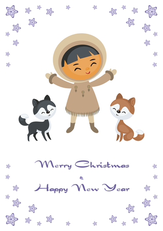Holiday greeting card with Eskimo boy and animals.のイラスト素材