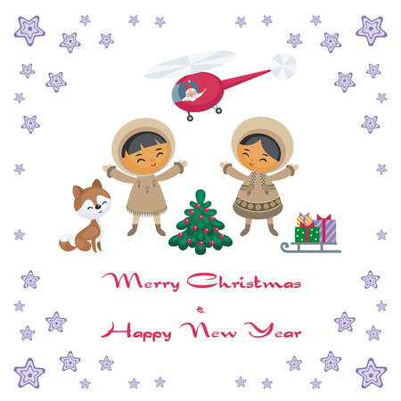 Holiday greeting card with Eskimo boy and girl, animal and Christmas tree.のイラスト素材