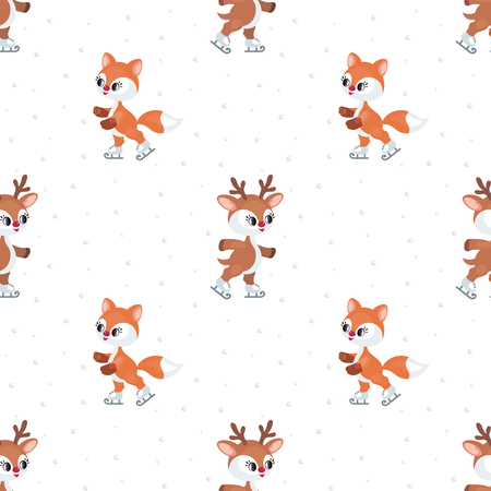 Christmas seamless pattern with the image of the little cute deer and red fox vector illustrationのイラスト素材