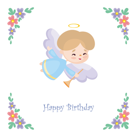 Birthday greeting card with the image of a pretty little angel. Vector illustration on a white background.のイラスト素材