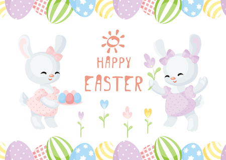Easter greeting card with the image of lovely rabbits and painted eggs. Vector illustration.のイラスト素材