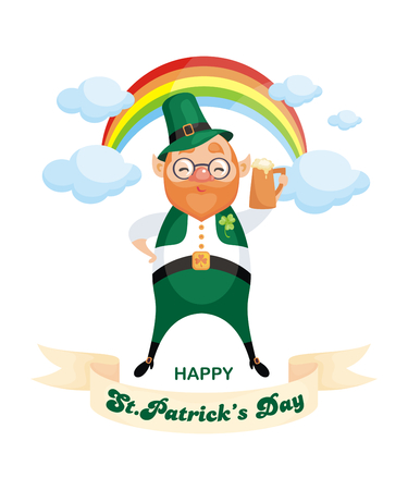 Saint Patrick's Day poster with the image of a leprechaun. Vector colorful illustration in cartoon style.のイラスト素材