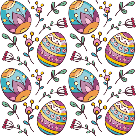 Colorful seamless pattern with hand-drawn Easter eggs. Vector background in doodle style.のイラスト素材