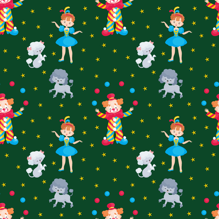 Children's seamless pattern with the image of circus trained animals. Colorful vector background.のイラスト素材