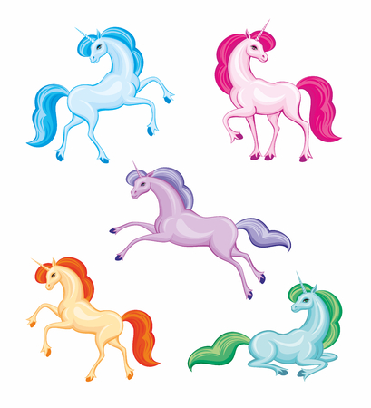 Vector set of beautiful fantastic unicorns. Colorful illustrations isolated on a white background.のイラスト素材