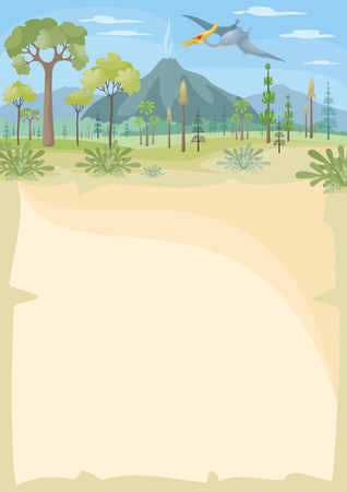 Vertical vector background with the image of a prehistoric landscape and pterosaur. Colorful illustration in cartoon style.のイラスト素材