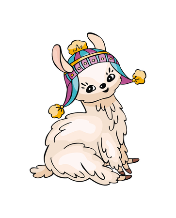 Little pretty llama in doodle style. Colorful vector illustration isolated on white background.のイラスト素材