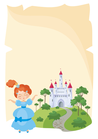 Colorful background with a picture of a parchment scroll, fairytale castle and a pretty Princess.のイラスト素材