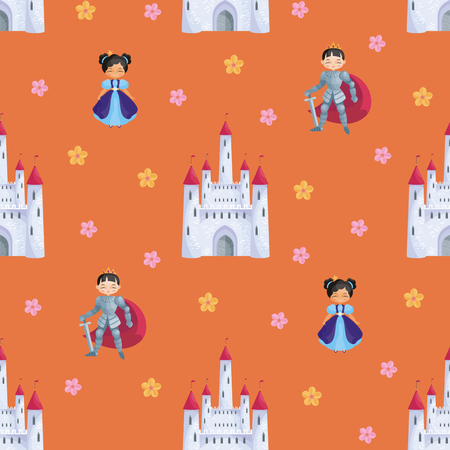 Colorful seamless pattern with a picture of a fairytale castle, Princess and Prince. Vector background.のイラスト素材