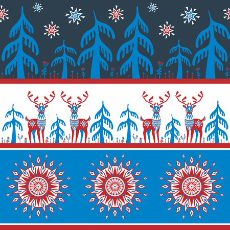 Decorative seamless pattern in folk style with reindeer image. Colorful vector background.のイラスト素材