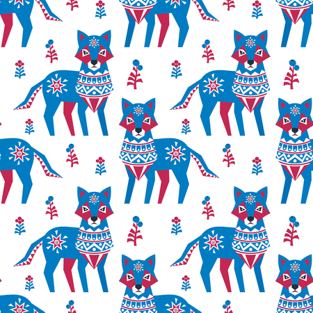 Decorative seamless pattern in folk style with wolf. Colorful vector background.のイラスト素材