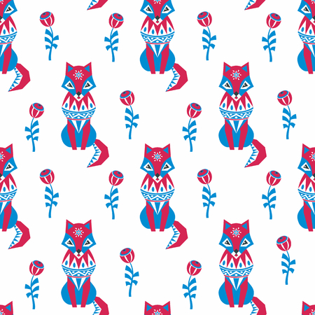 Decorative seamless pattern in folk style with red fox. Colorful vector background.のイラスト素材