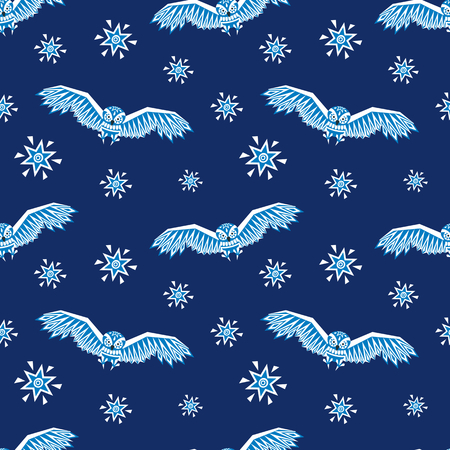 Decorative seamless pattern in ethnic style with owl. Colorful vector backgroundのイラスト素材