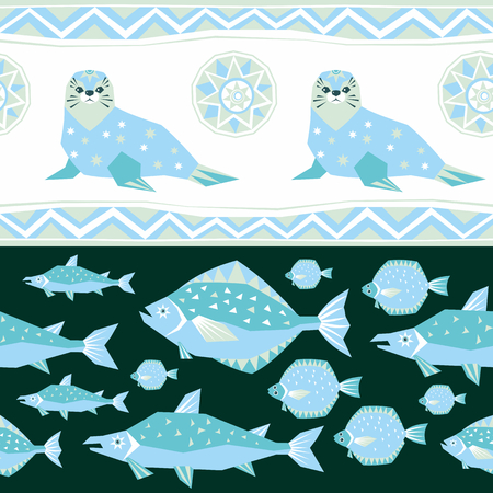 Seamless pattern in ethnic style with the image of northern sea animals. Colorful vector background.のイラスト素材
