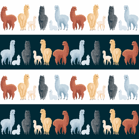 Seamless pattern with the image of cute alpaca in cartoon style. Colorful vector backgroundのイラスト素材