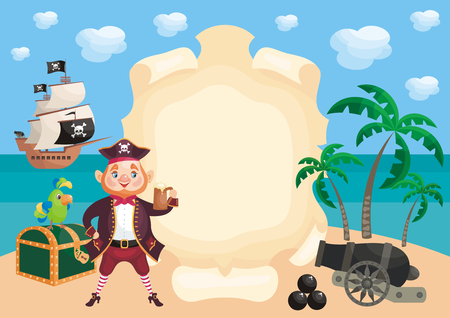 Vector background with image of a pirate and ship in a cartoon style. Children's illustration.のイラスト素材