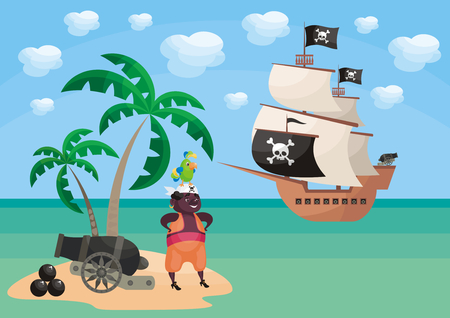Vector background with image of a pirate and ship in a cartoon style. Children's illustration.のイラスト素材