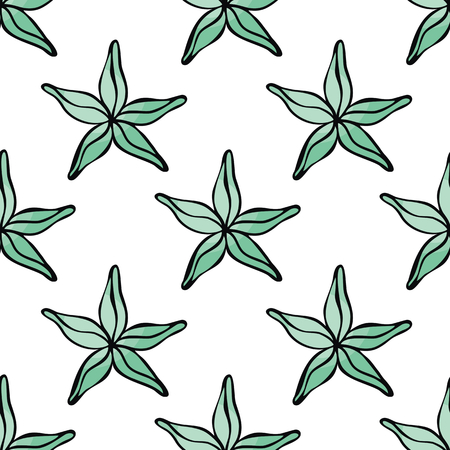 Seamless pattern in doodle style with the image of a starfish isolated on a white background. Vector illustration.のイラスト素材